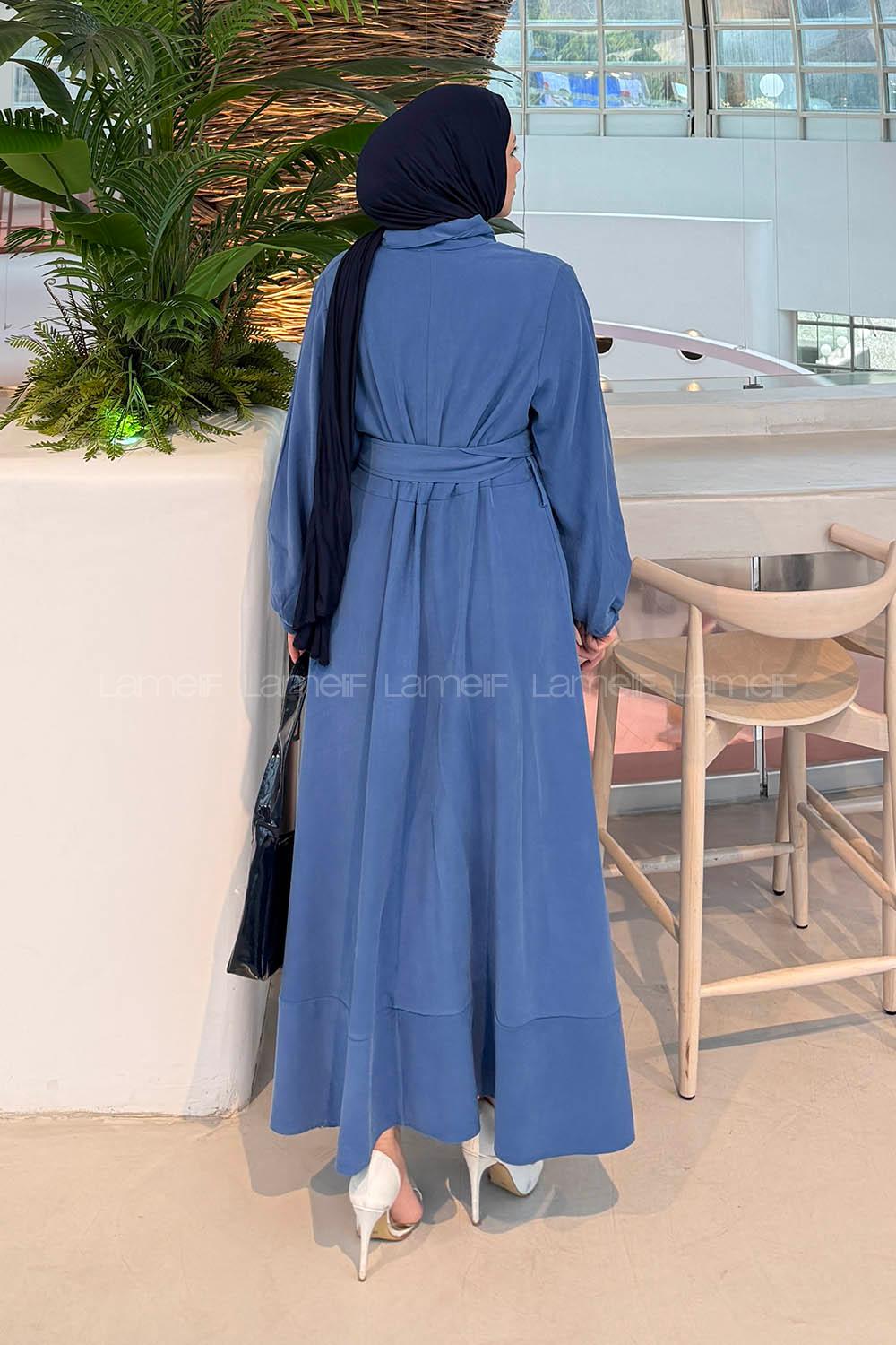 Lamelif Fularlı Bağlama Detaylı Elbise Saks Mavisi
