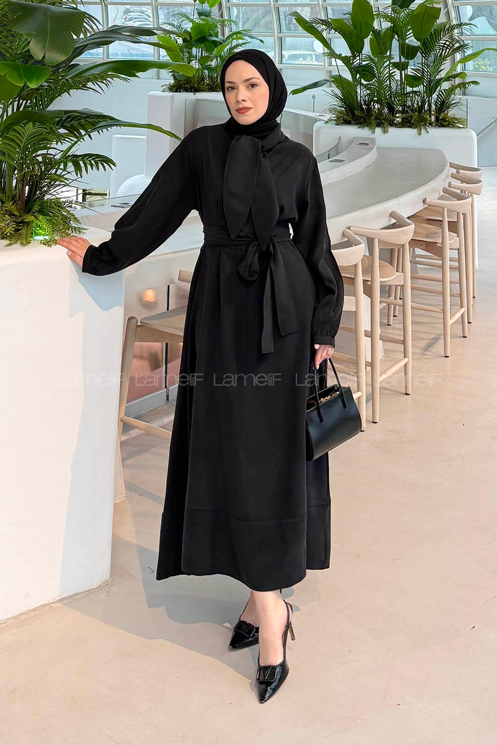 Lamelif Fularlı Bağlama Detaylı Elbise Siyah