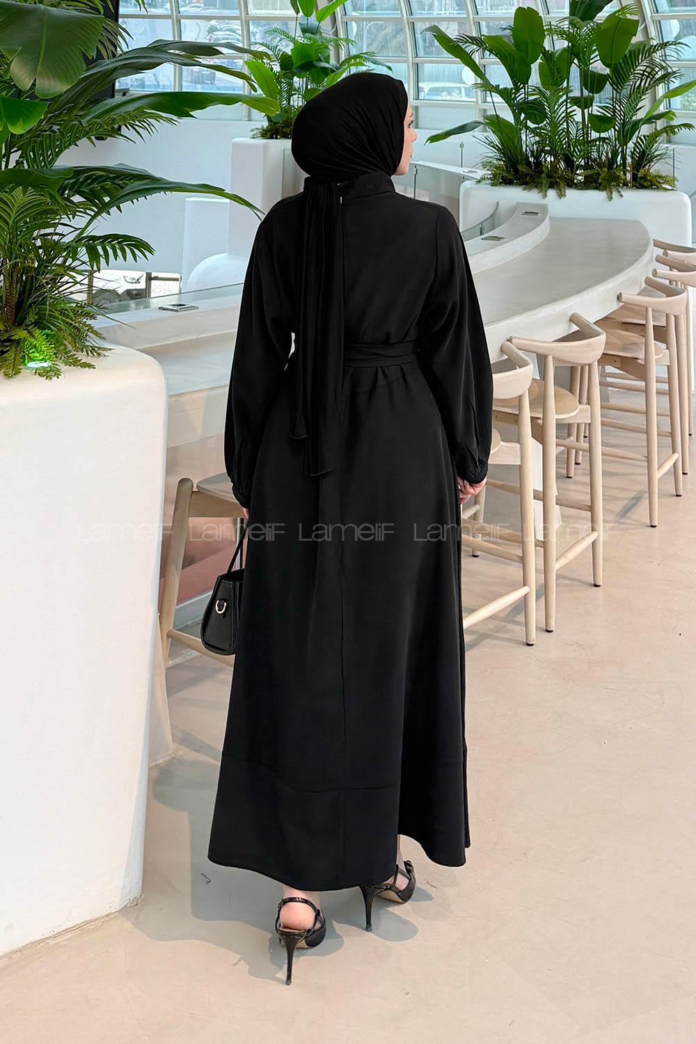 Lamelif Fularlı Bağlama Detaylı Elbise Siyah