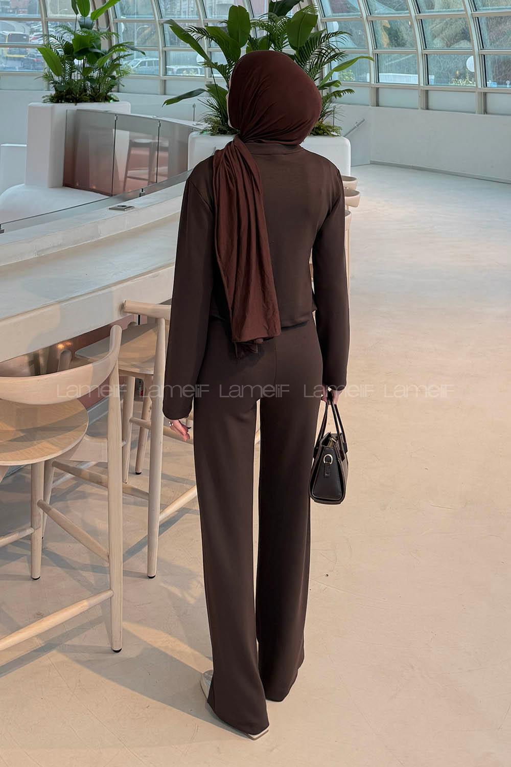 Lamelif Gold Düğme Detaylı İkili Takım Acı Kahve