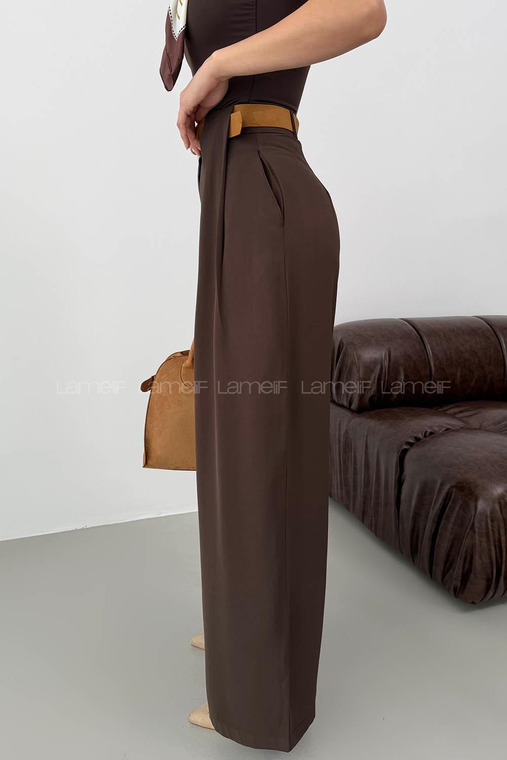 Lamelif Kemerli Salaş Pantolon Kahverengi