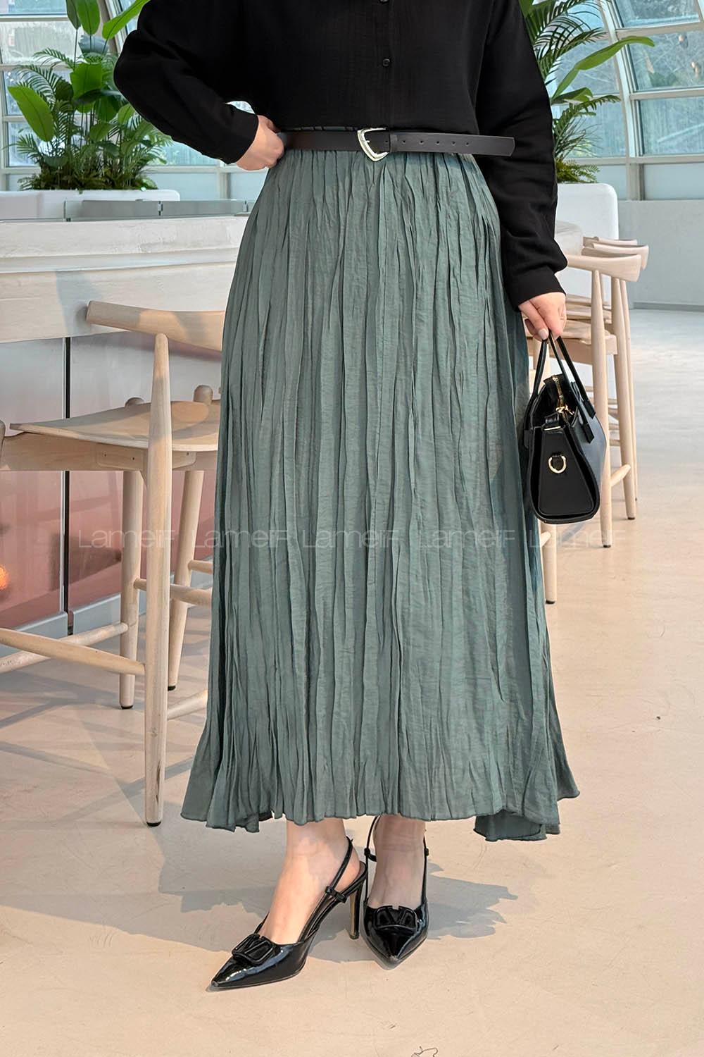 Lamelif Kraşlı Tesettür Etek Koyu Yeşil