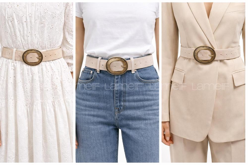 Lamelif Oval Tokalı Krem Suni Deri Kadın Kemer – Vintage Seri