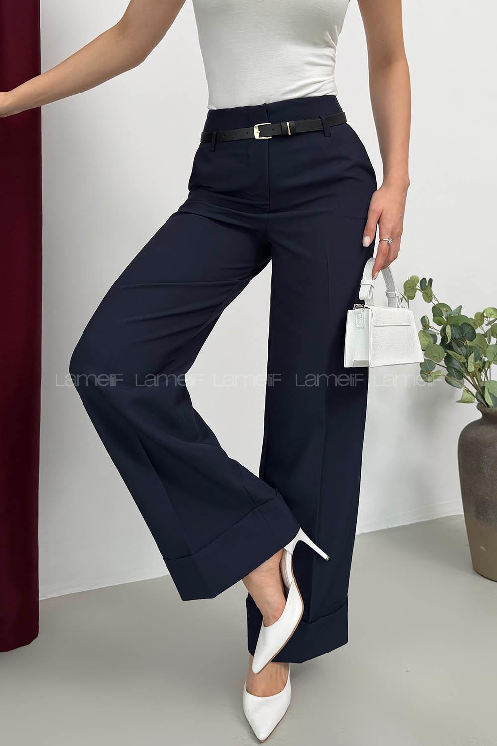 Lamelif Paçası Katlı Yüksek Bel Pantolon Lacivert