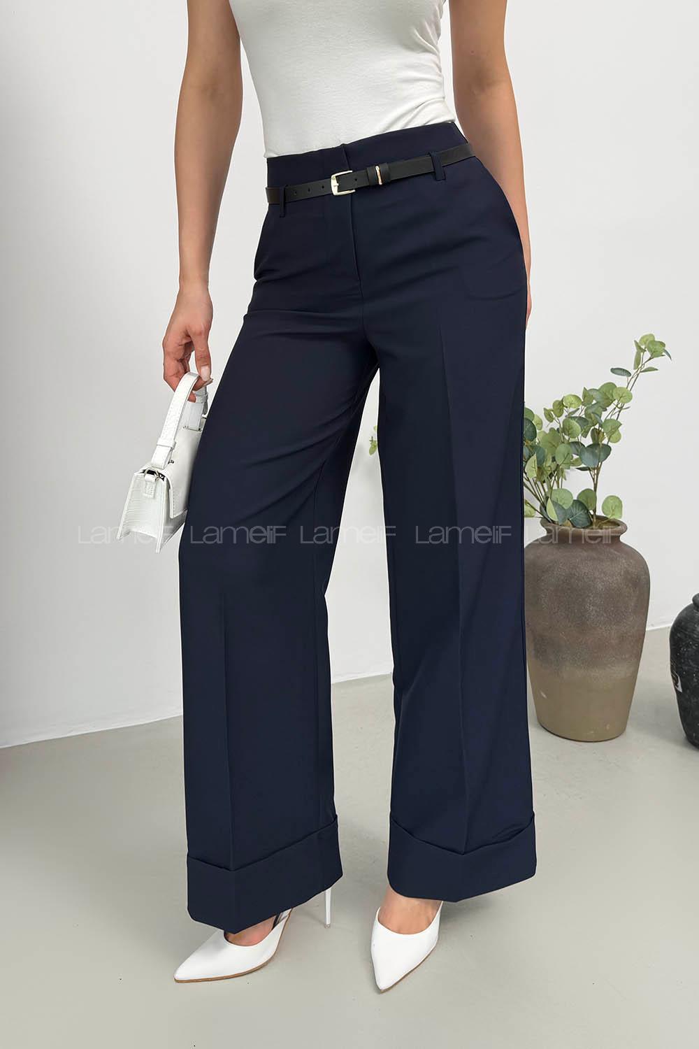 Lamelif Paçası Katlı Yüksek Bel Pantolon Lacivert