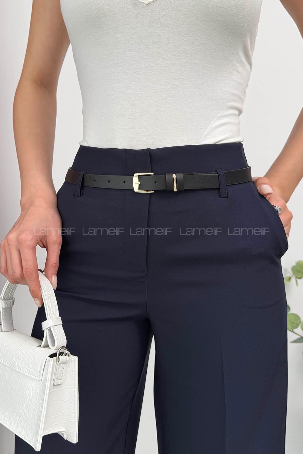 Lamelif Paçası Katlı Yüksek Bel Pantolon Lacivert