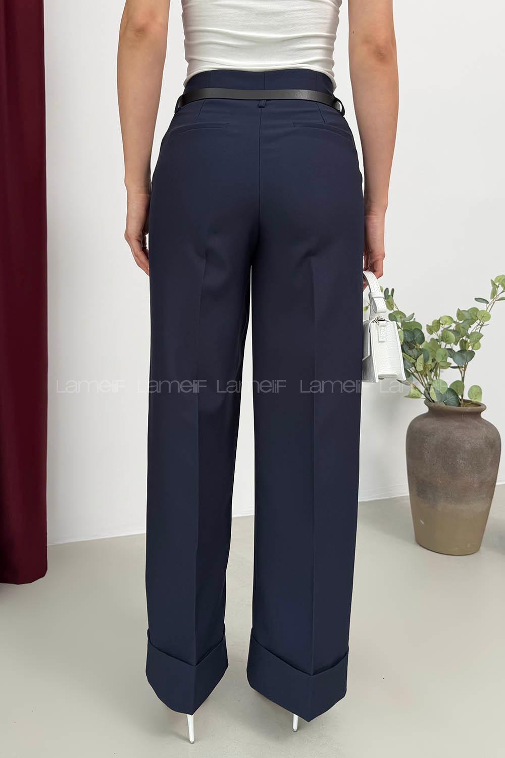 Lamelif Paçası Katlı Yüksek Bel Pantolon Lacivert