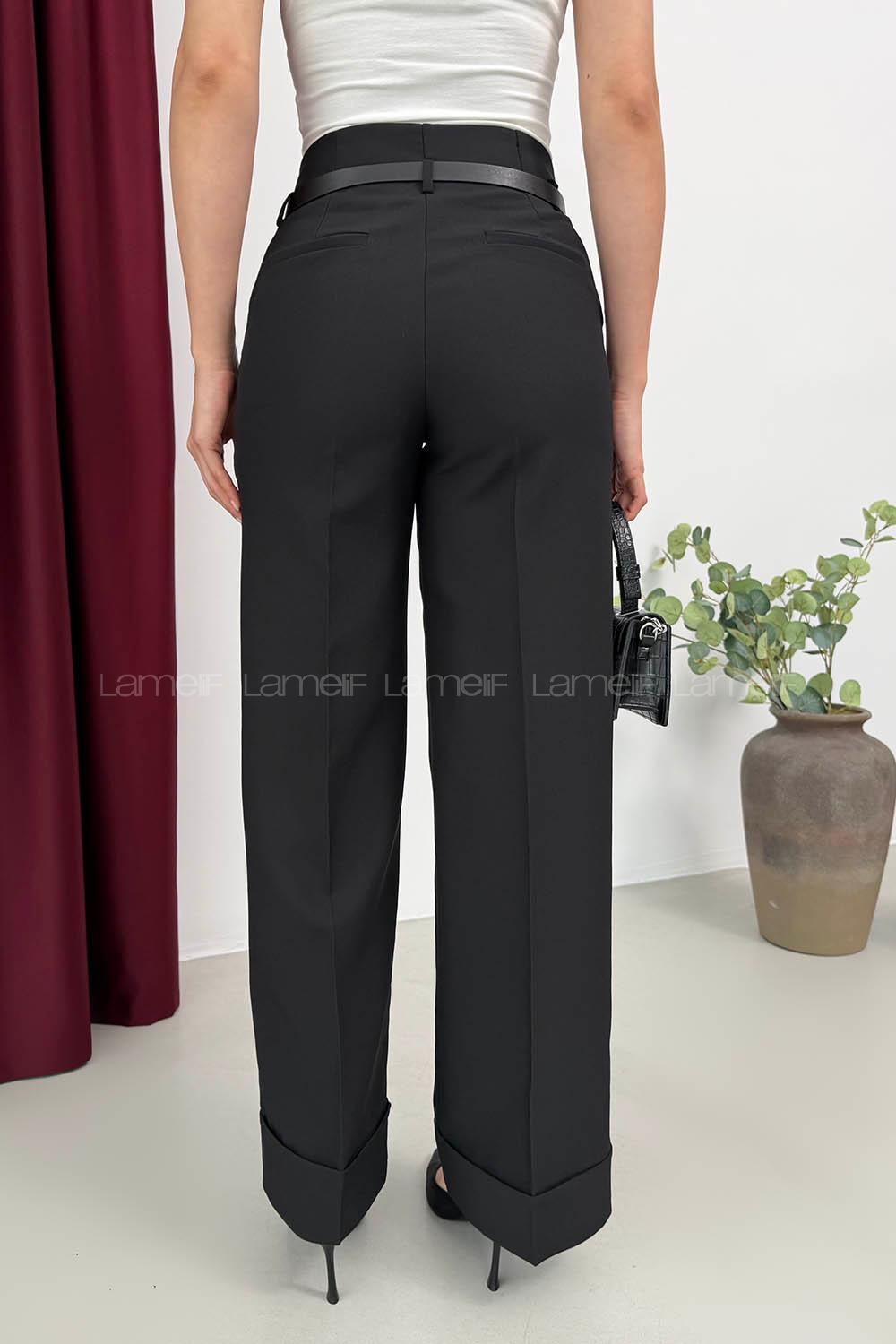 Lamelif Paçası Katlı Yüksek Bel Pantolon Siyah