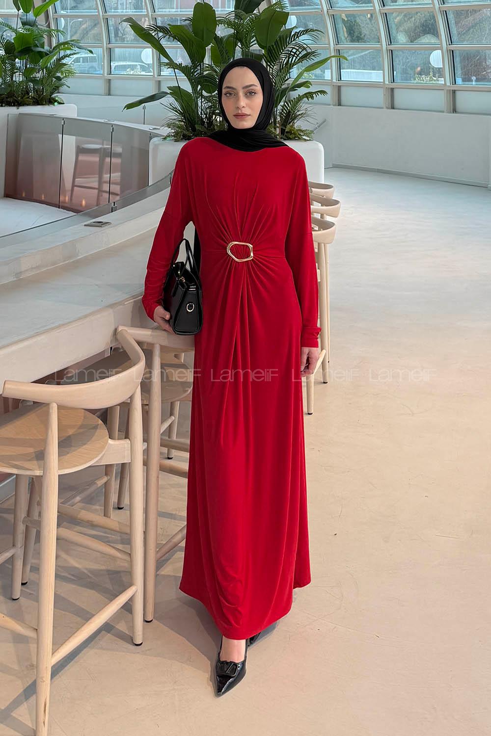 Lamelif Sandy Toka Detaylı Elbise Bordo