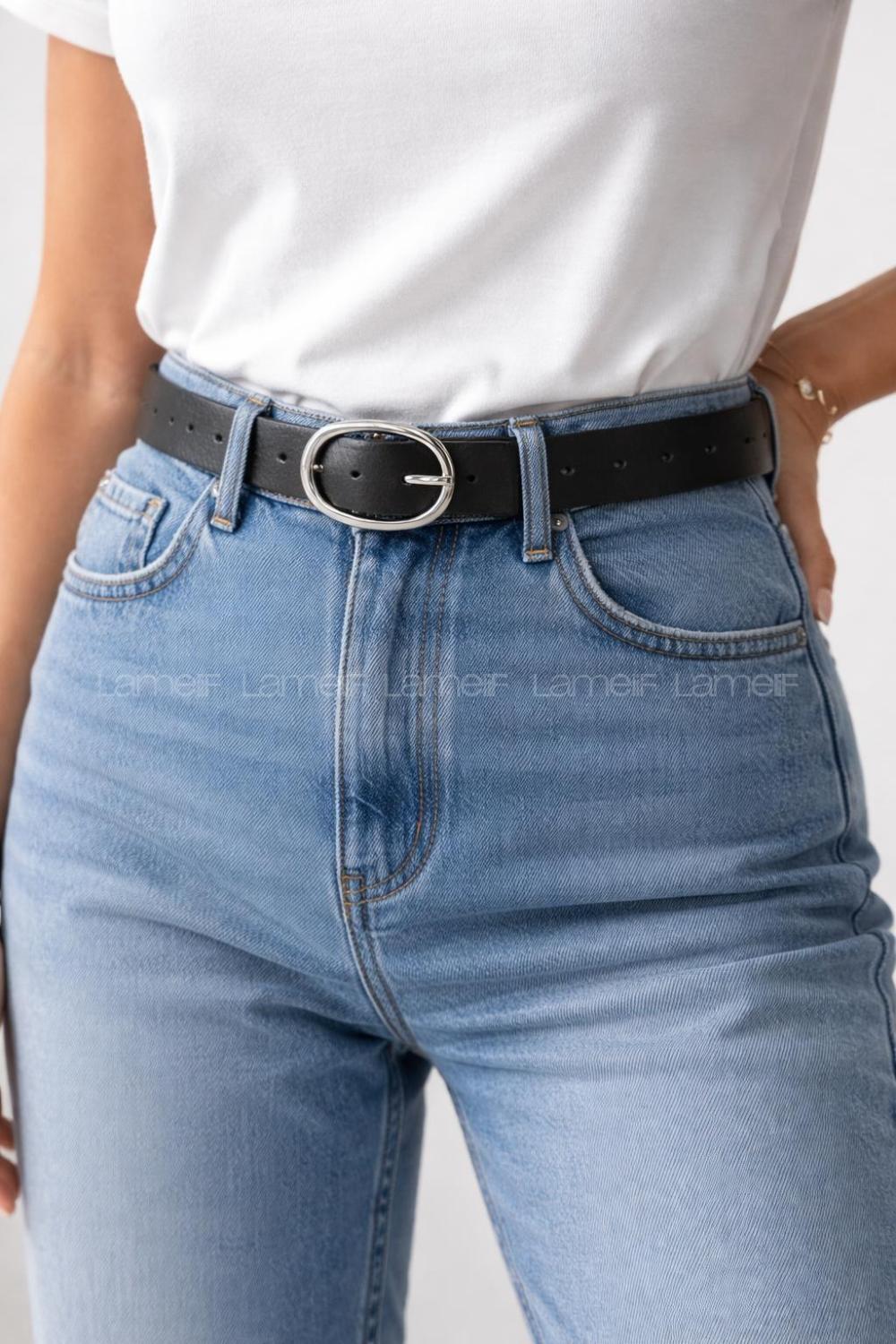 Lamelif Liora Gümüş Oval Tokalı Siyah Suni Deri Kadın Kemer