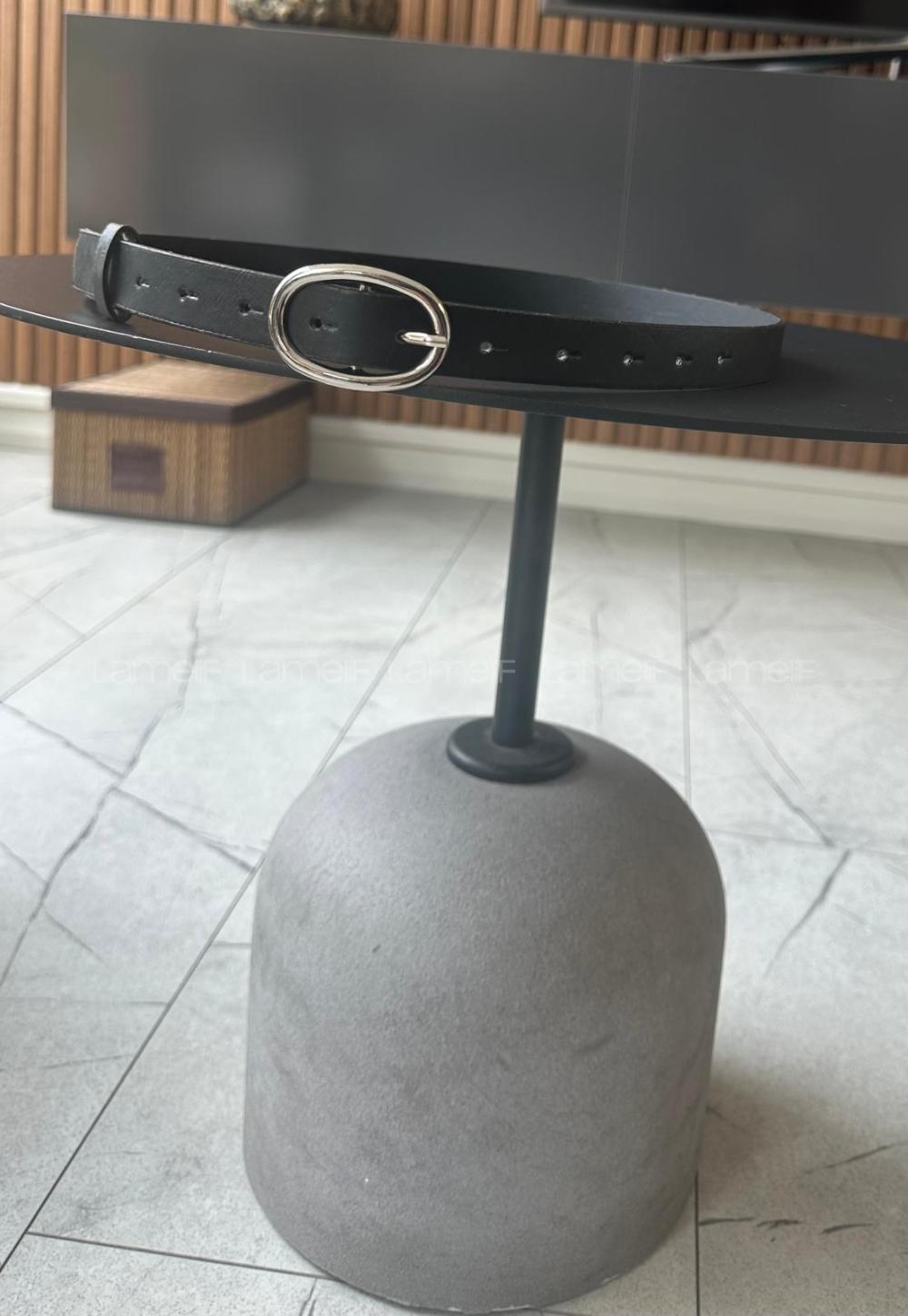 Lamelif Liora Gümüş Oval Tokalı Siyah Suni Deri Kadın Kemer