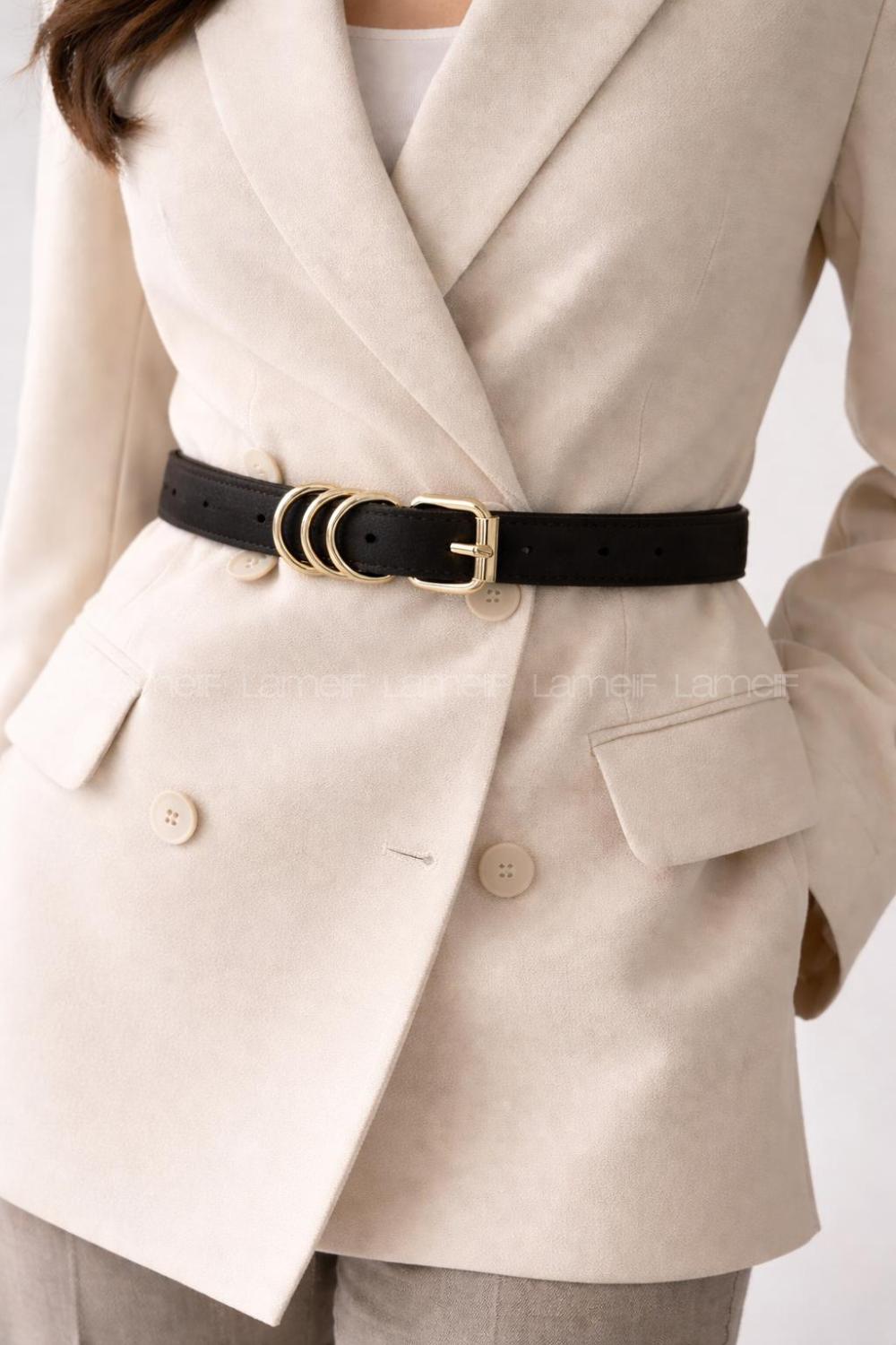 Lamelif Noir Nubuk Gold Halka Tokalı Kadın Kemer