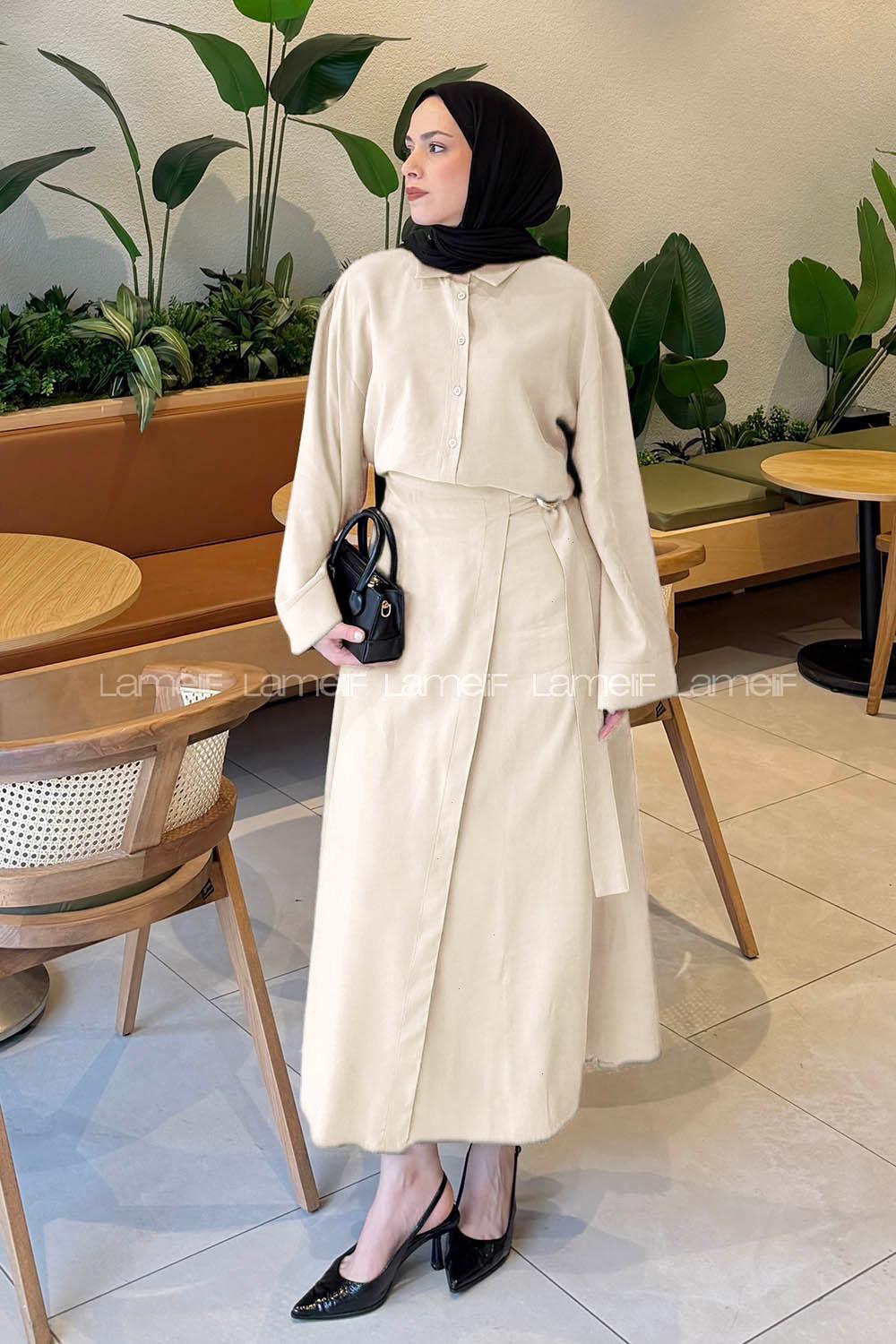 Lamelif Gömlek-Etek Tesettür Takım Bej