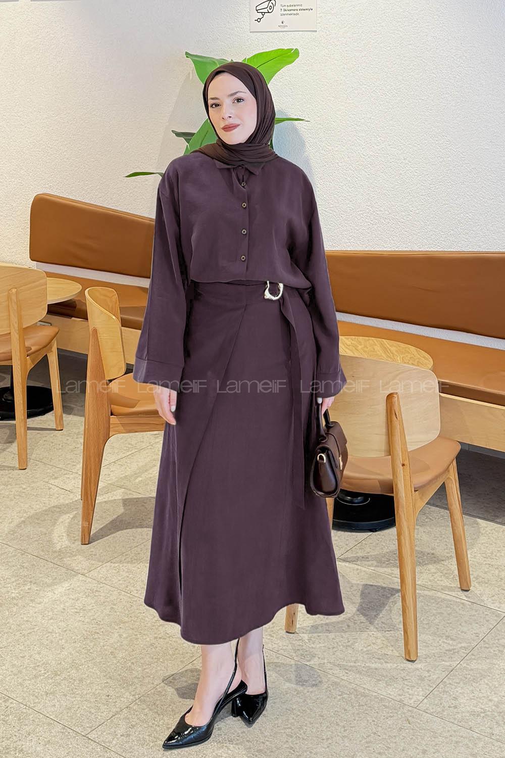 Lamelif Gömlek-Etek Tesettür Takım Mürdüm