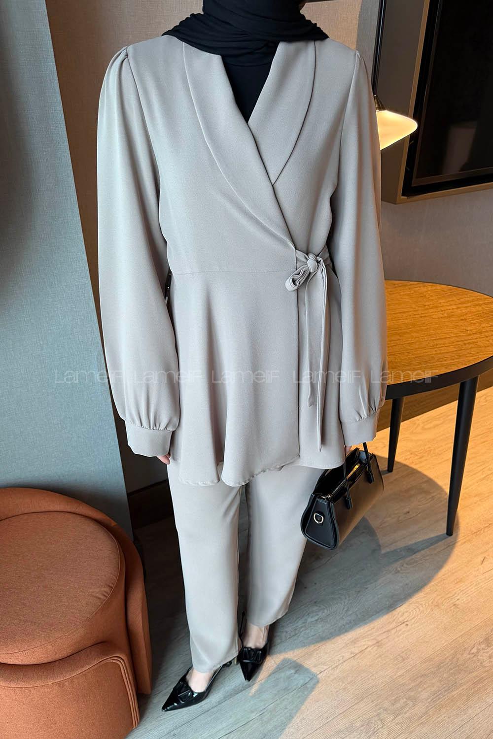 Lamelif Bağlamalı Ceketli Takım Vizonrengi