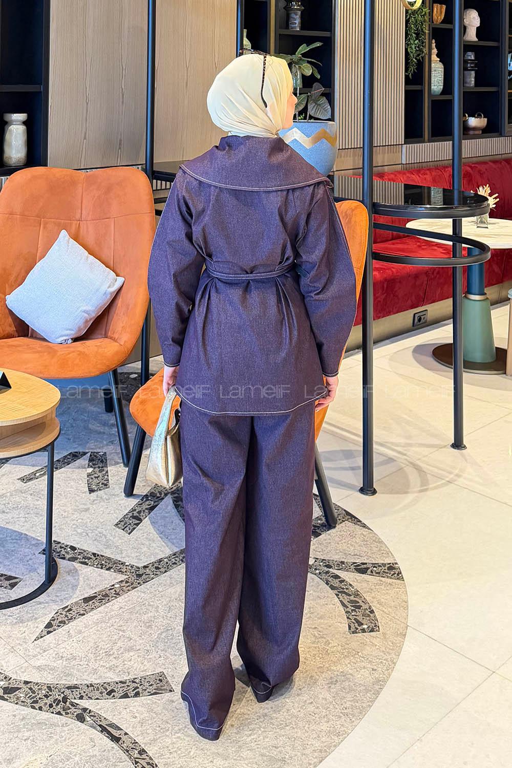 Lamelif Belden Oturtmalı Kemerli Takım Mor