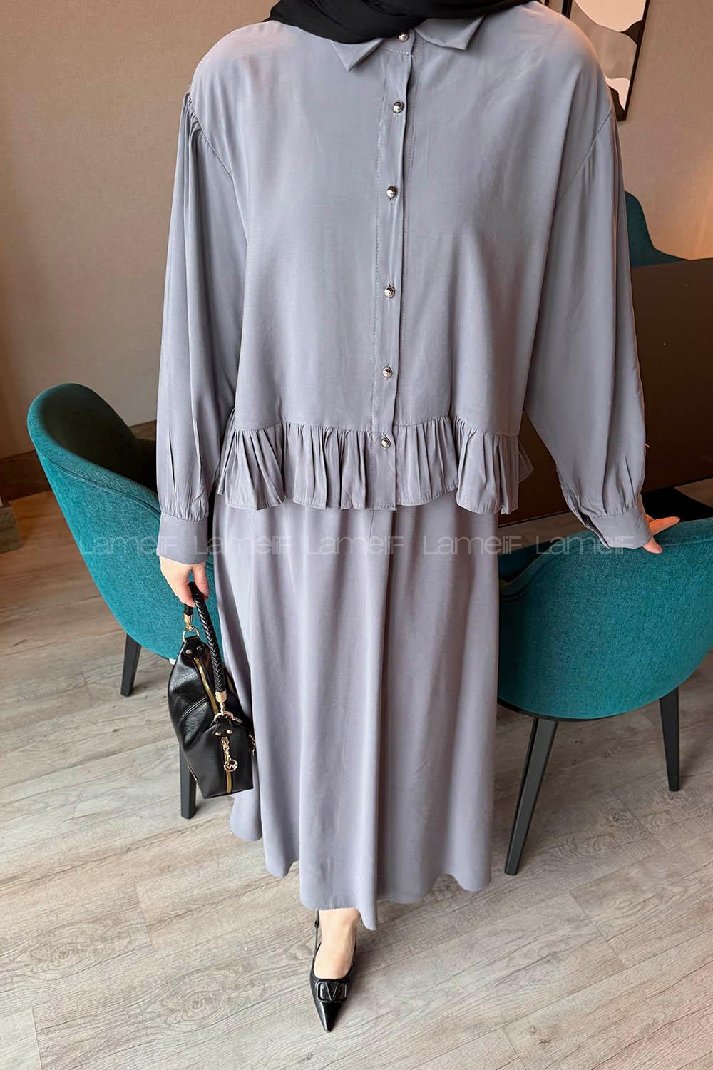 Lamelif Büzgü Detaylı Etekli Takım Antrasit