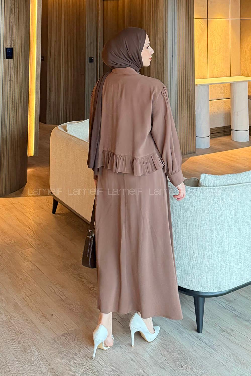 Lamelif Büzgü Detaylı Etekli Takım Kahverengi