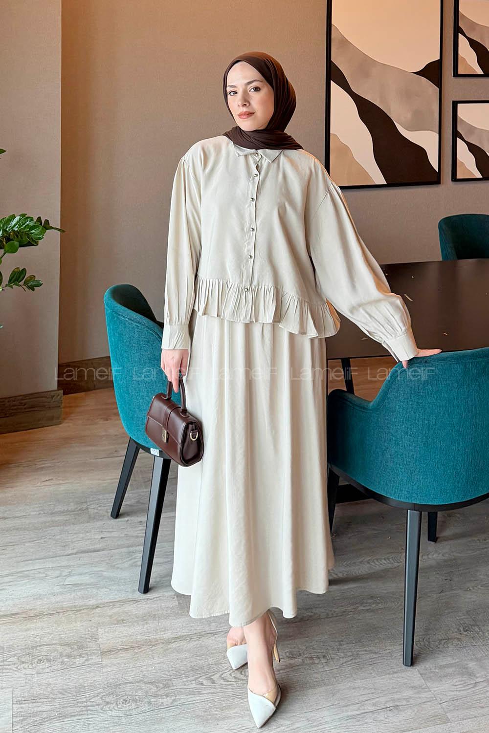 Lamelif Büzgü Detaylı Etekli Takım Taş Rengi