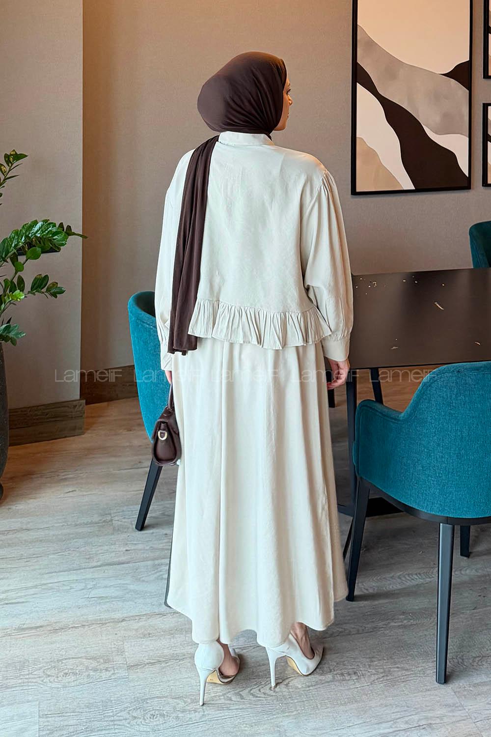 Lamelif Büzgü Detaylı Etekli Takım Taş Rengi