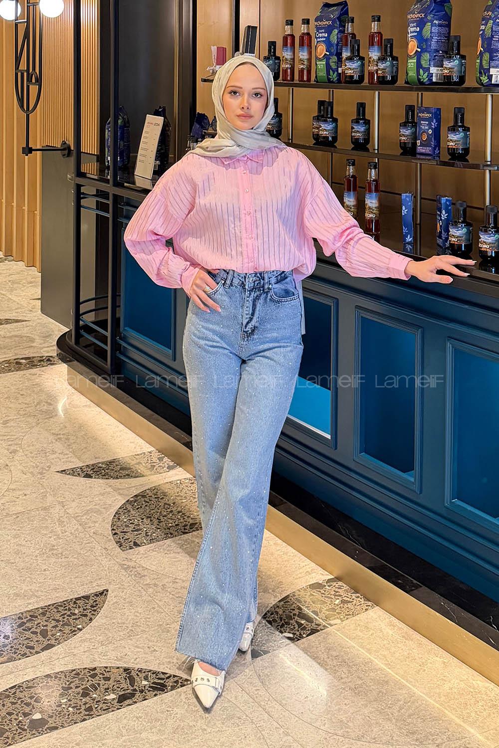 Pink Shirt Collar Long Arm Viscose Fabric Shirt