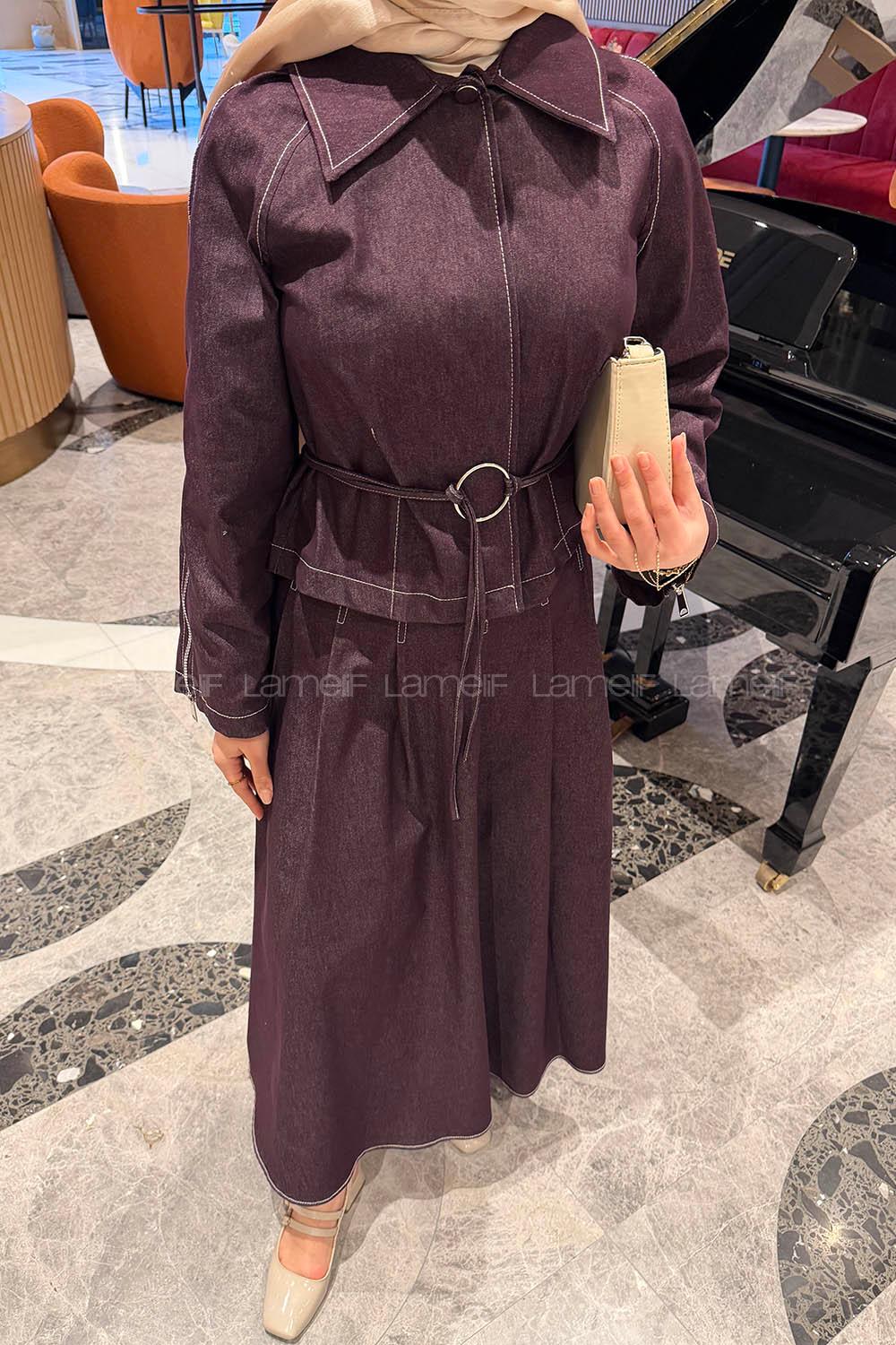 Lamelif Fermuar Detaylı Etekli Takım Mor