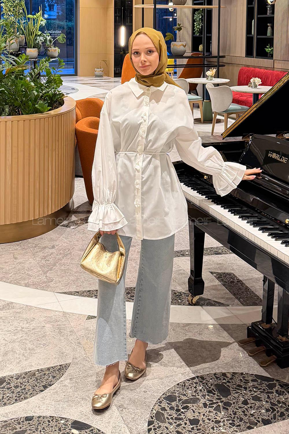 Lamelif Fırfırlı Bağlama Detaylı Gömlek Beyaz