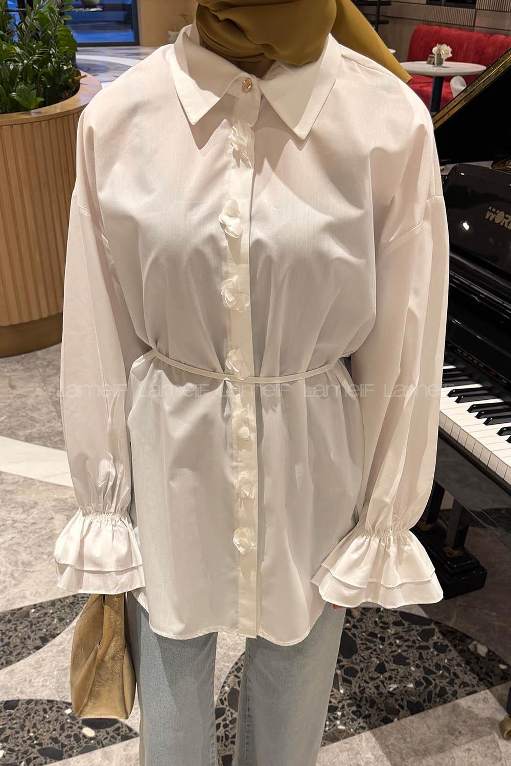 Lamelif Fırfırlı Bağlama Detaylı Gömlek Beyaz