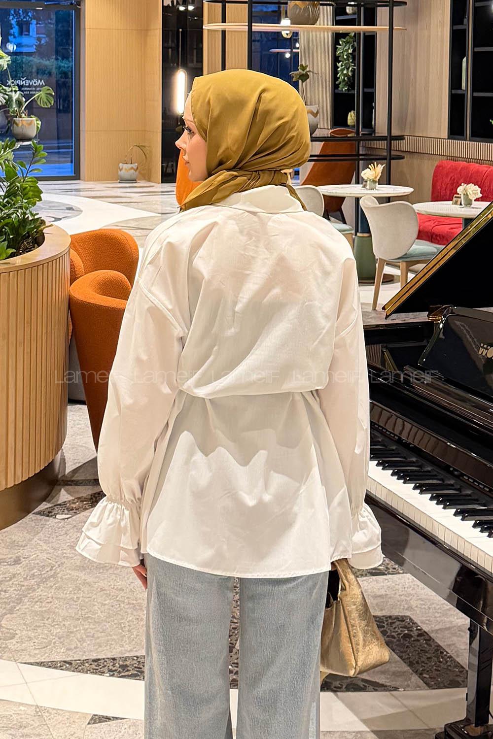Lamelif Fırfırlı Bağlama Detaylı Gömlek Beyaz