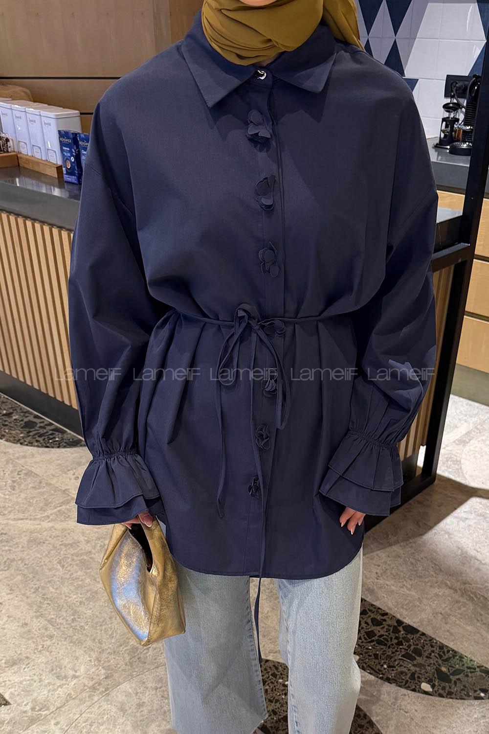 Lamelif Fırfırlı Bağlama Detaylı Gömlek Lacivert