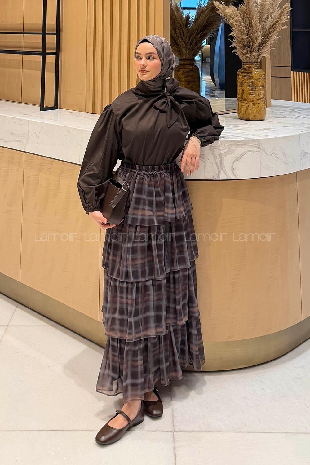 Lamelif Fular Detaylı Şifon Etekli Takım Acı Kahve