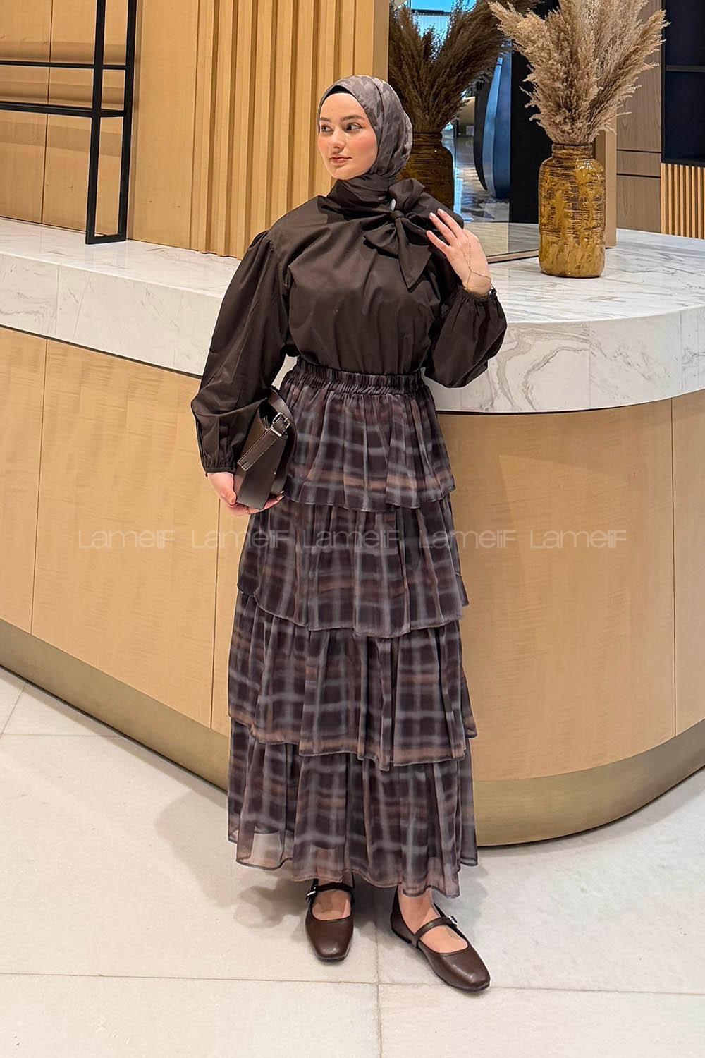 Lamelif Fular Detaylı Şifon Etekli Takım Acı Kahve