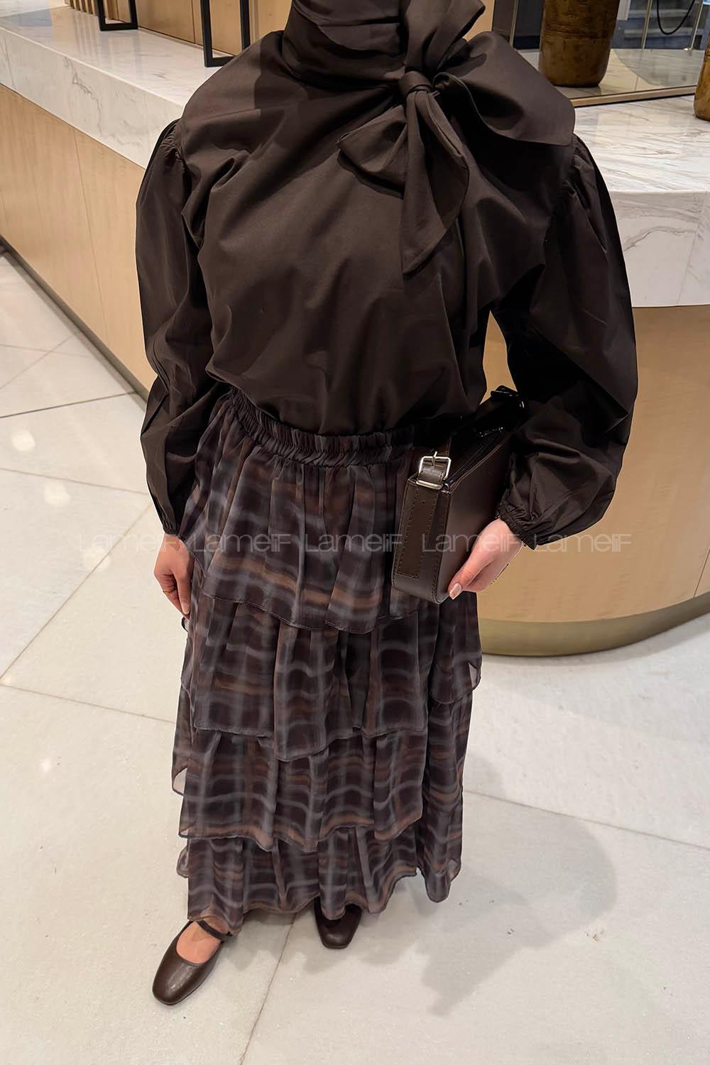 Lamelif Fular Detaylı Şifon Etekli Takım Acı Kahve