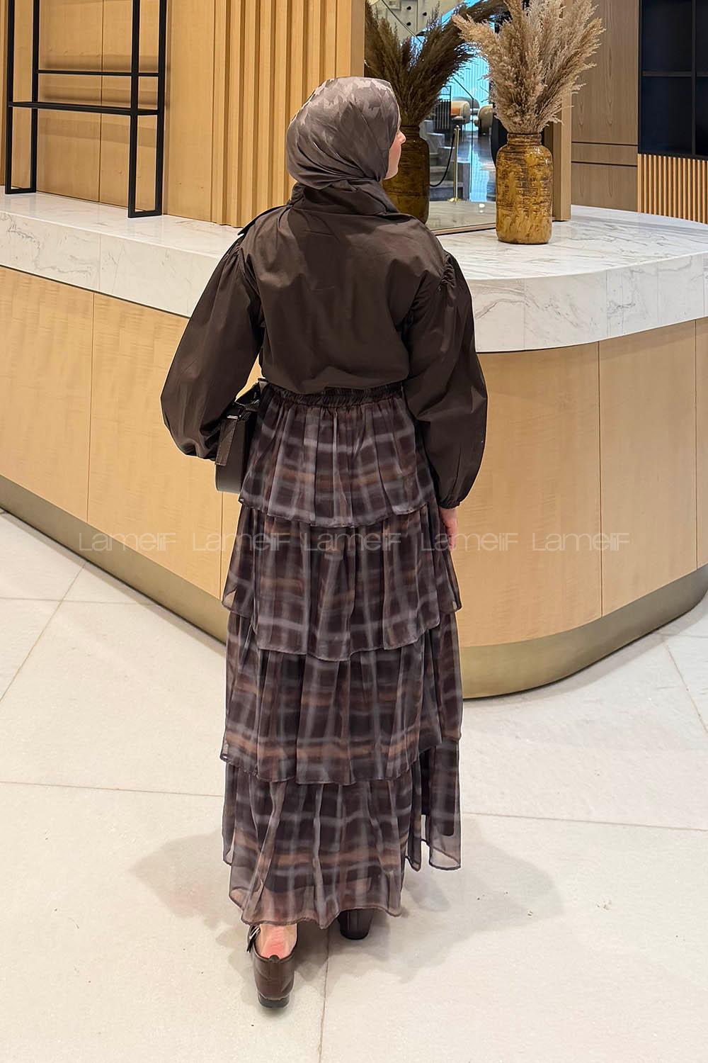 Lamelif Fular Detaylı Şifon Etekli Takım Acı Kahve