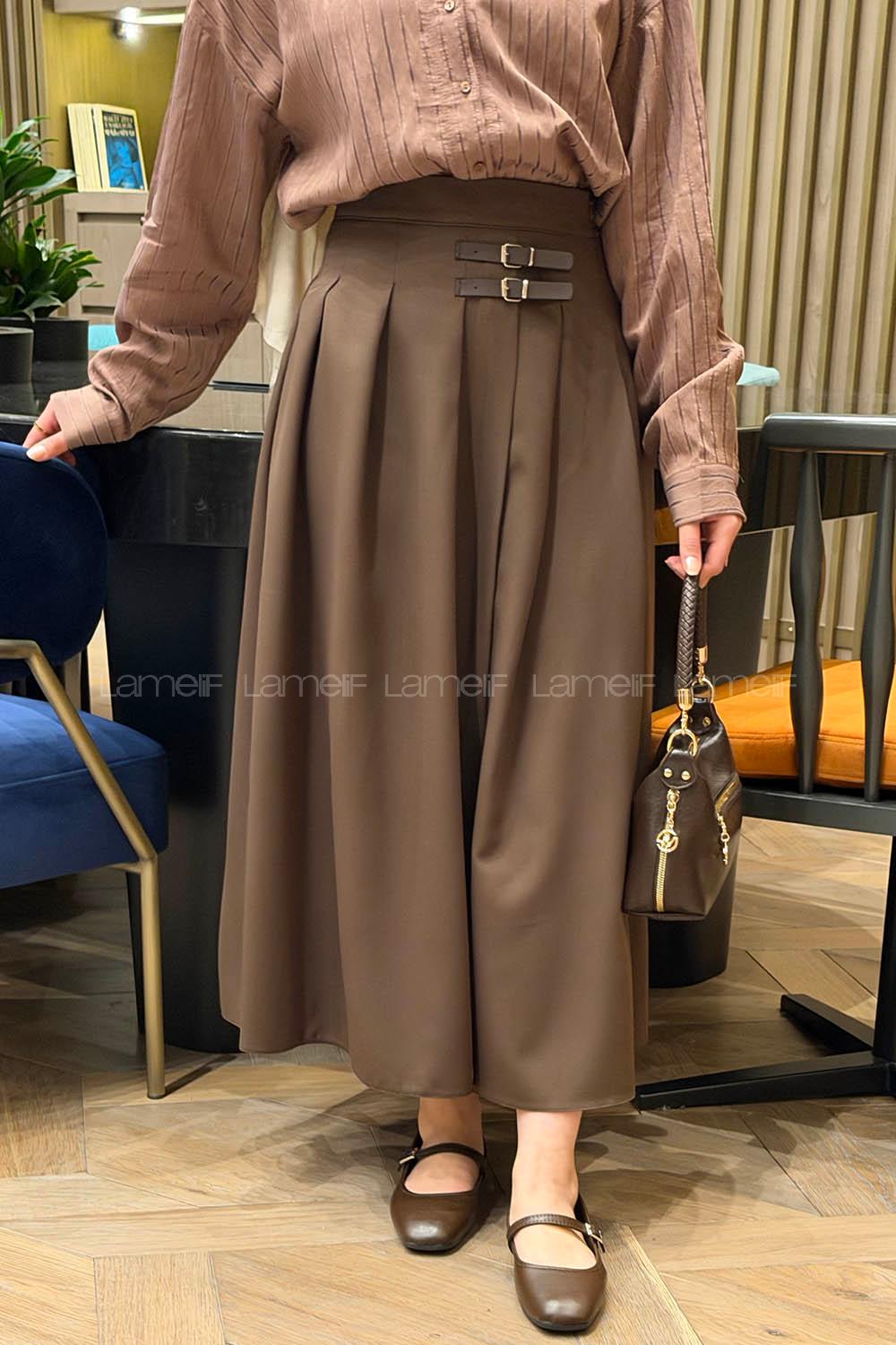 Lamelif Kemer Detaylı Yırtmaçlı Etek Acı Kahve