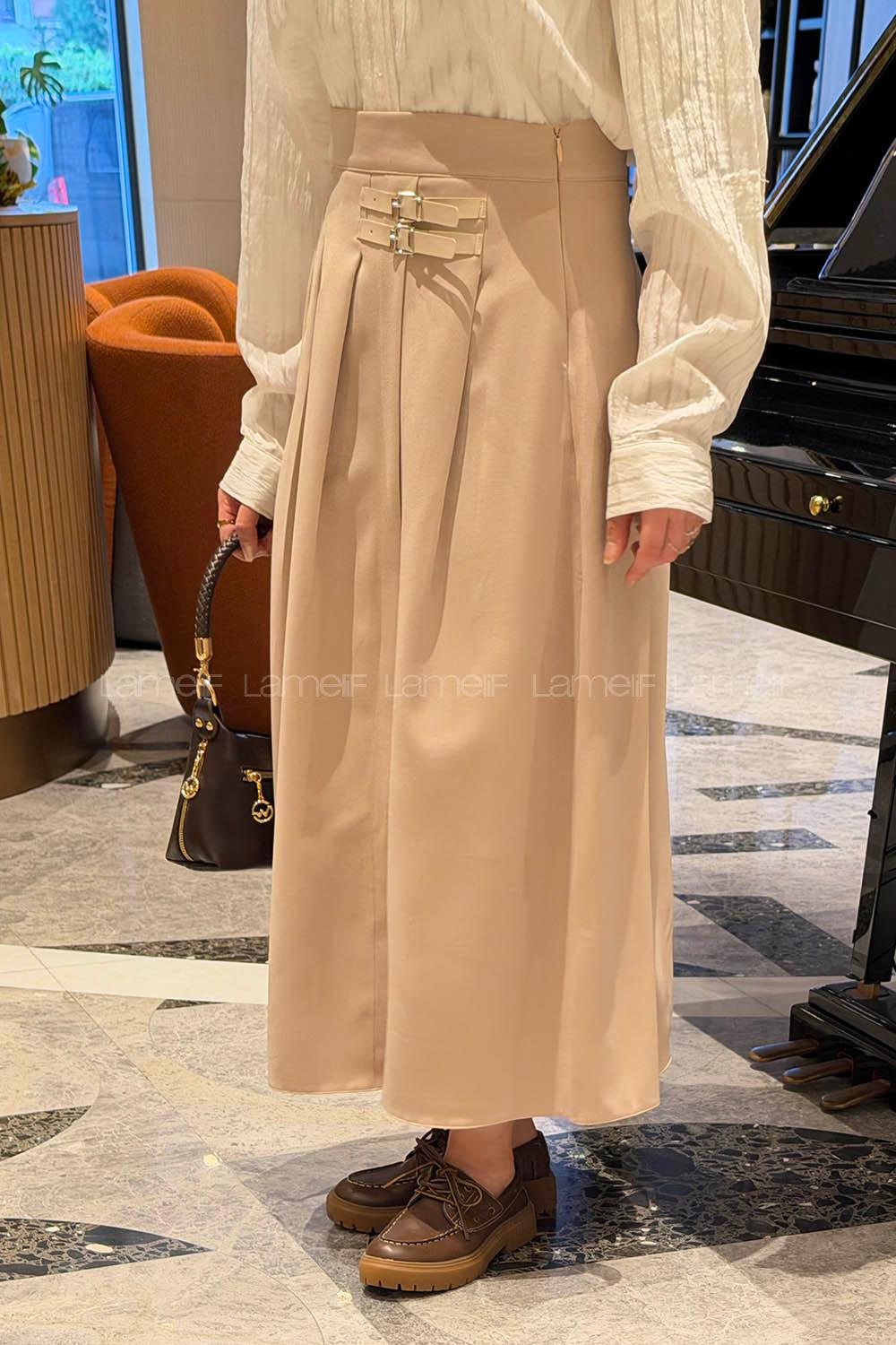 Lamelif Kemer Detaylı Yırtmaçlı Etek Bej