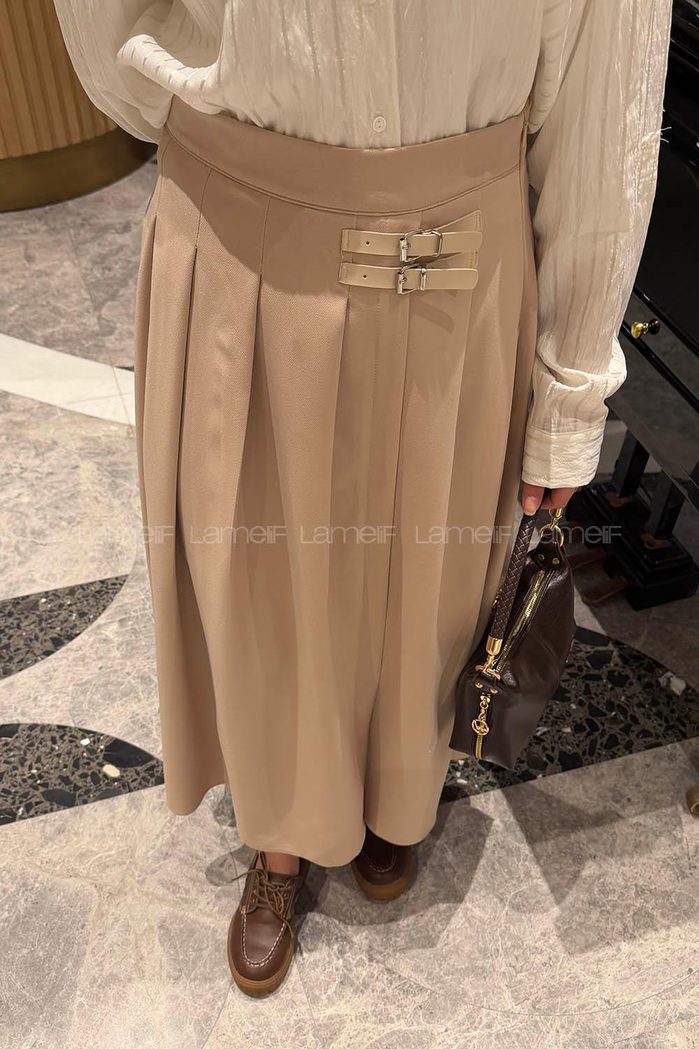 Lamelif Kemer Detaylı Yırtmaçlı Etek Bej