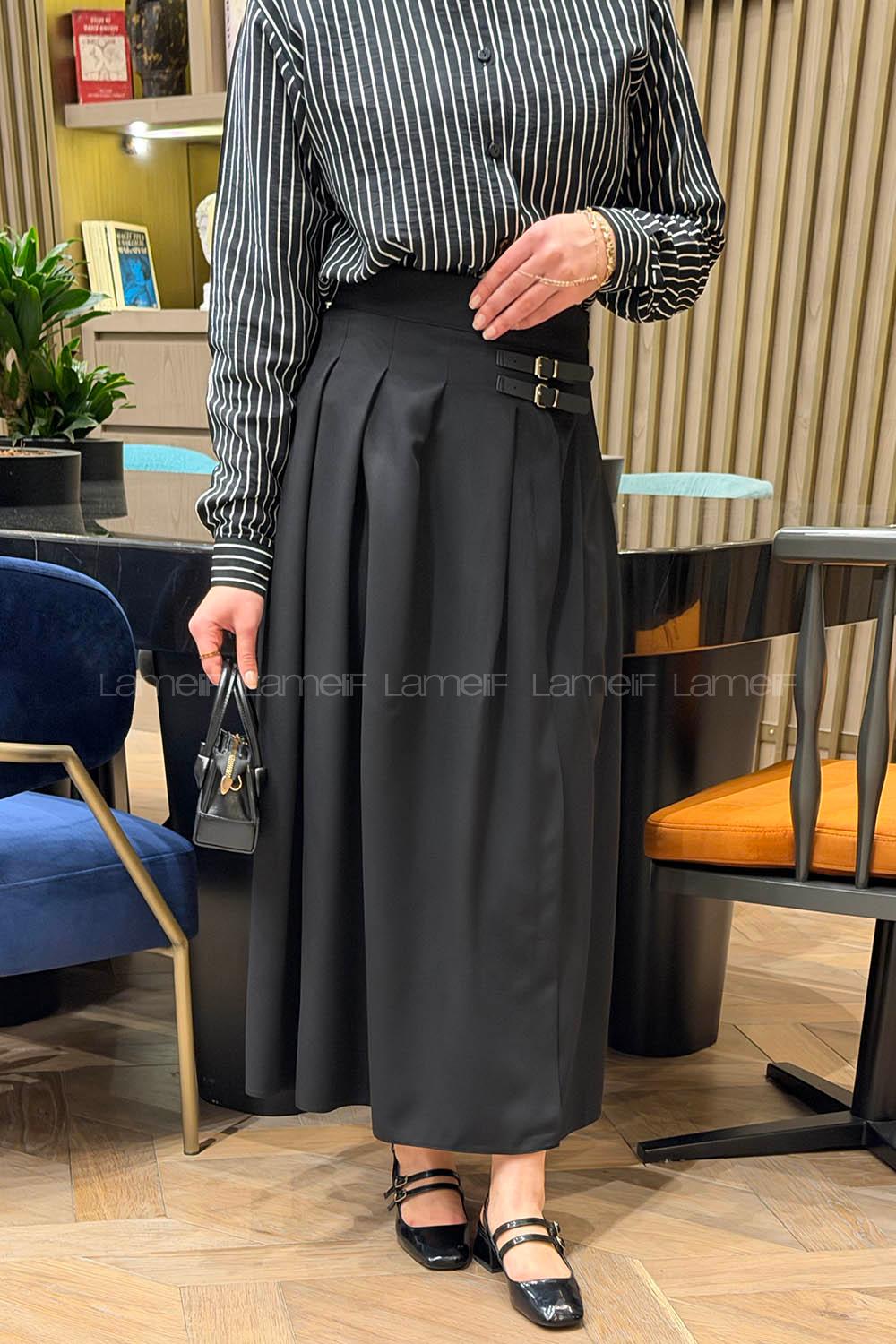 Lamelif Kemer Detaylı Yırtmaçlı Etek Siyah