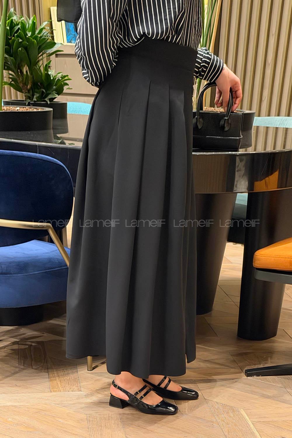 Lamelif Kemer Detaylı Yırtmaçlı Etek Siyah