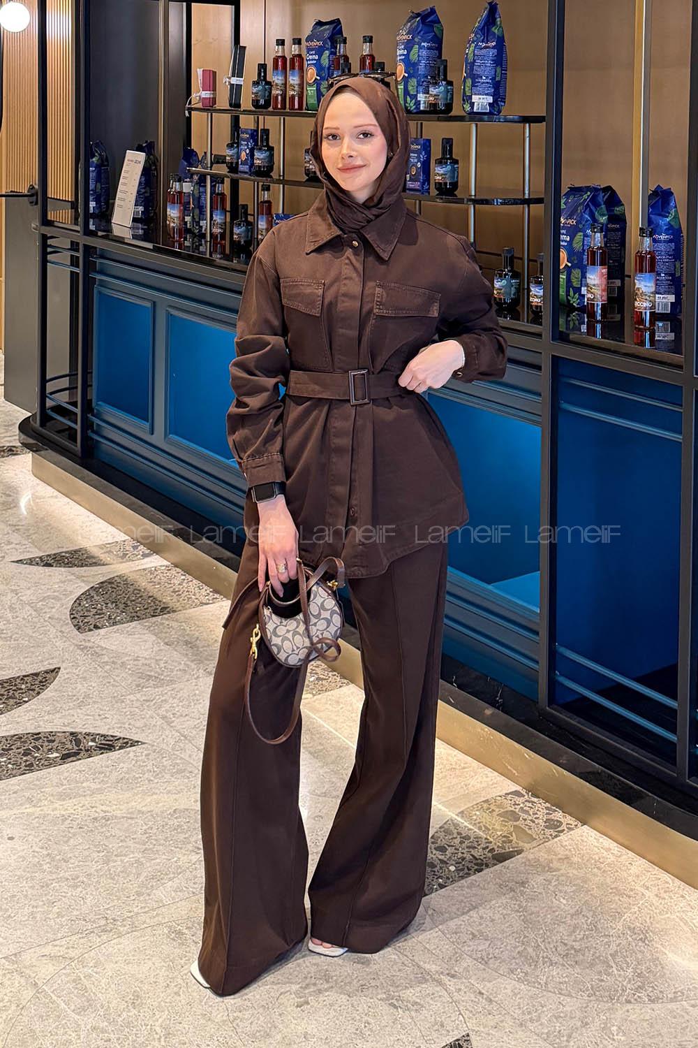 Lamelif Kemerli Denim Takım Kahverengi