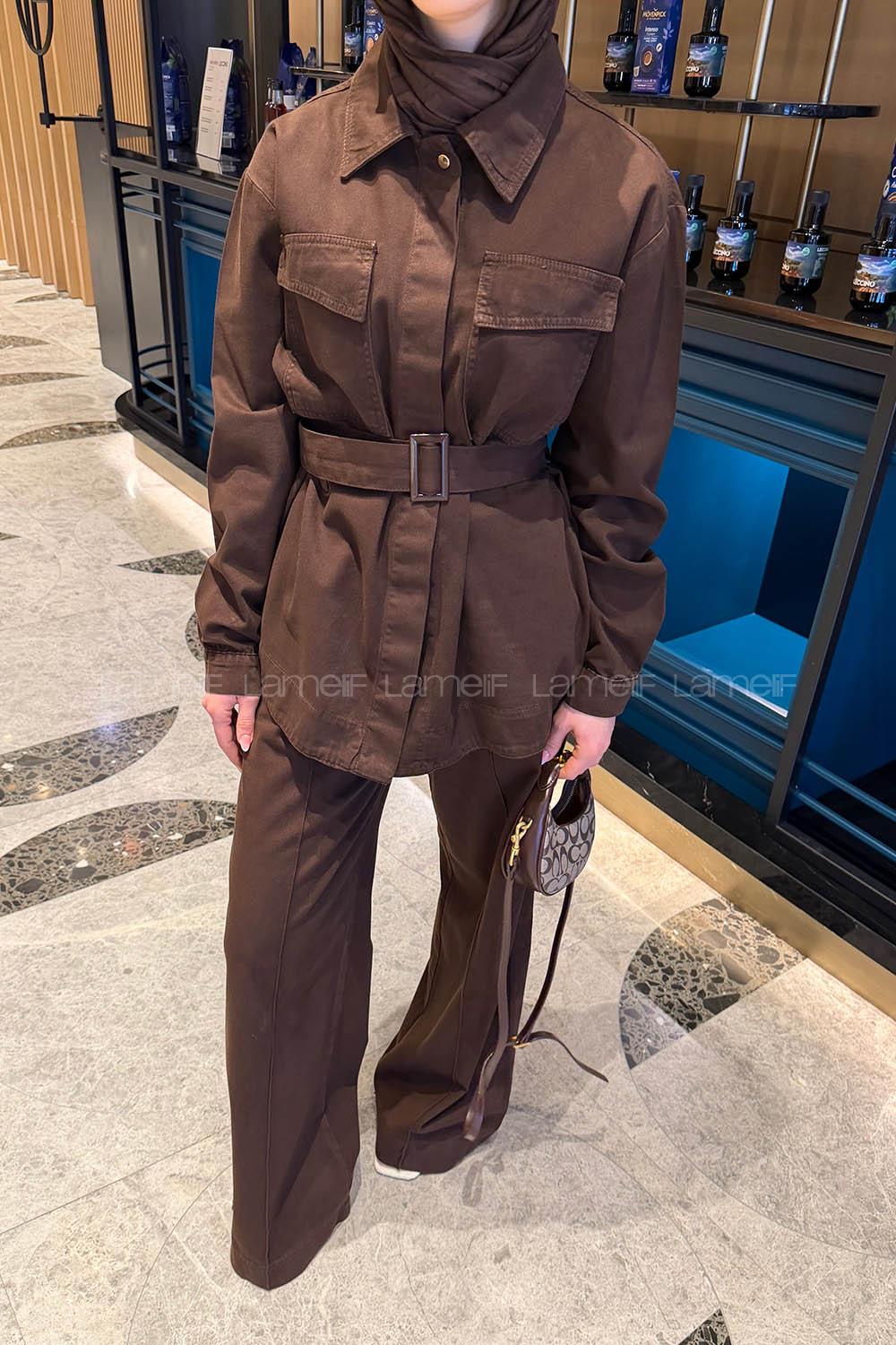 Lamelif Kemerli Denim Takım Kahverengi
