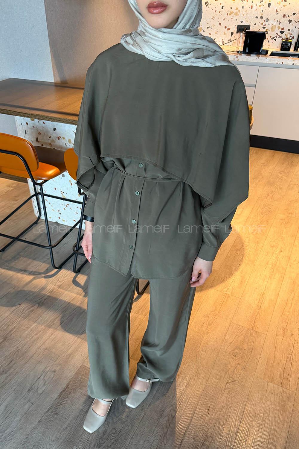 Lamelif Modal Pelerinli Takım Haki