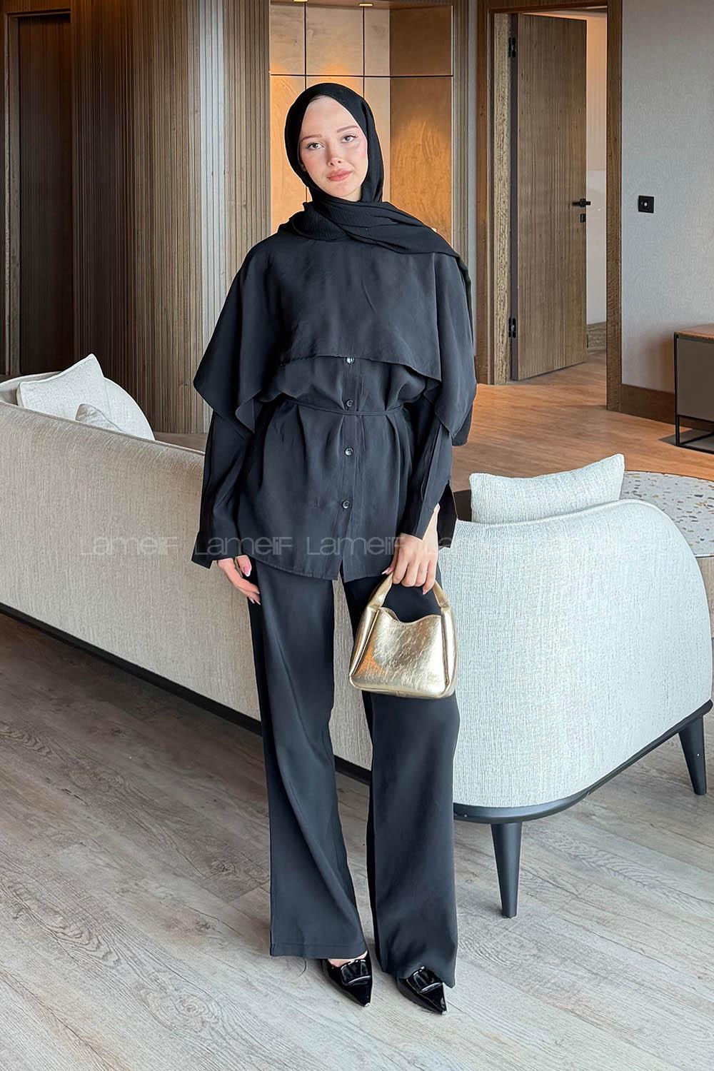 Lamelif Modal Pelerinli Takım Siyah