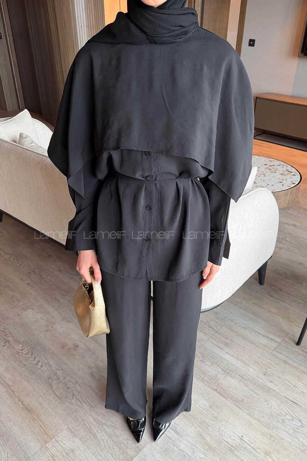 Lamelif Modal Pelerinli Takım Siyah