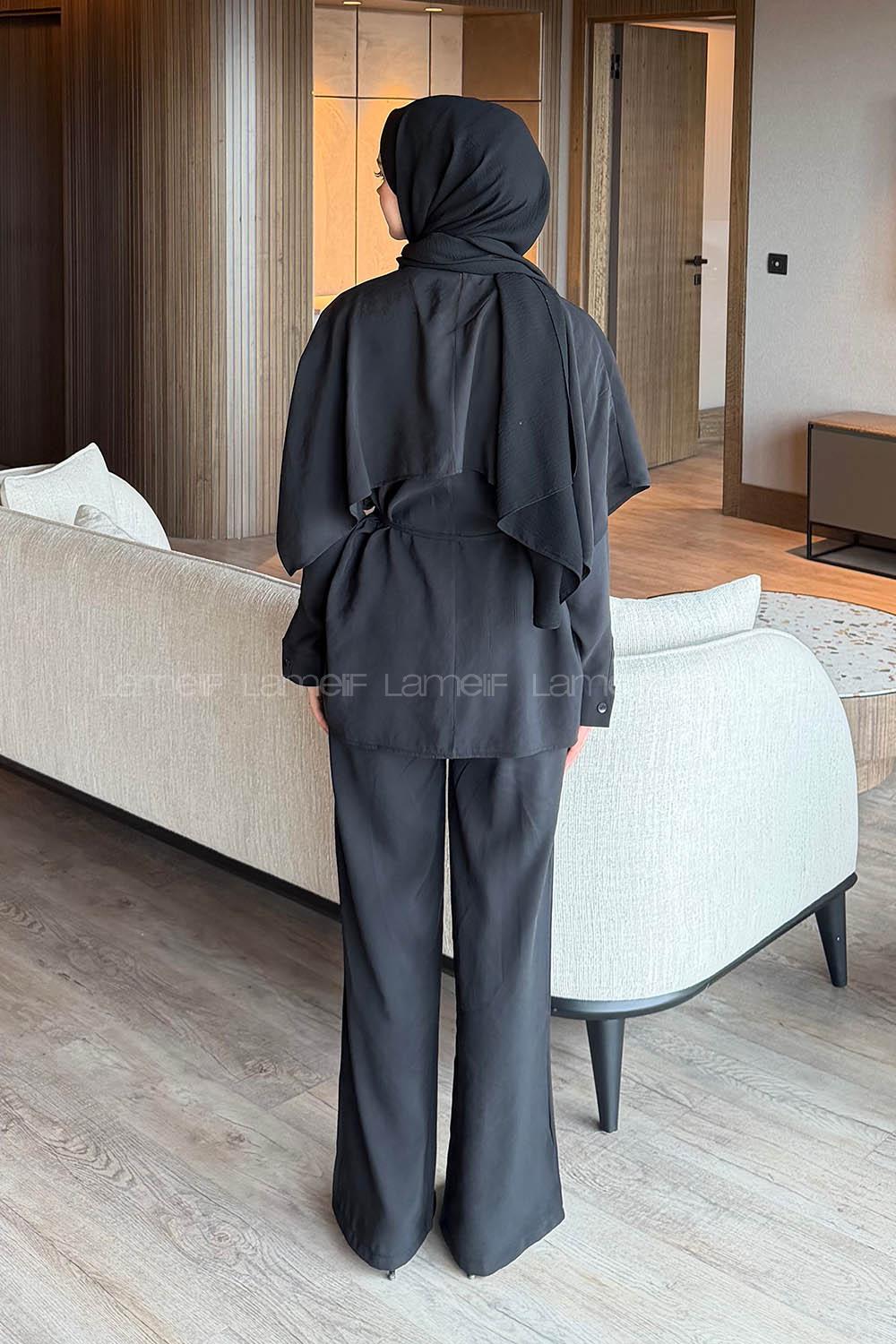 Lamelif Modal Pelerinli Takım Siyah