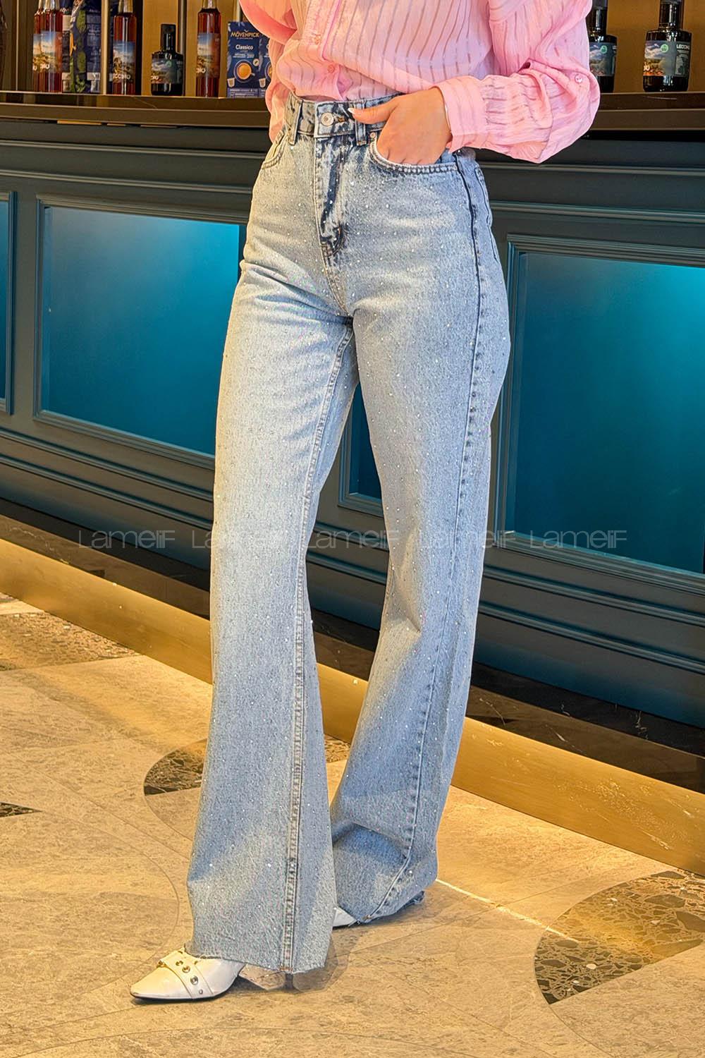 Lamelif Palazzo Taş Detaylı Jean Açık Mavi