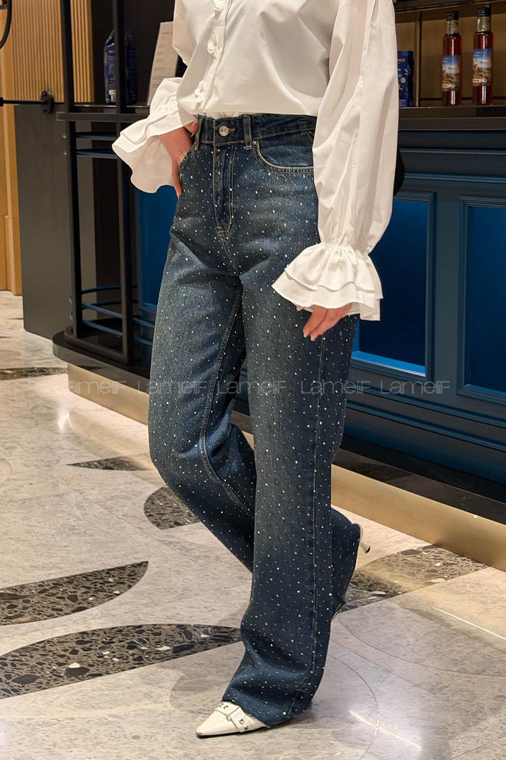 Lamelif Palazzo Taş Detaylı Jean Koyu Mavi Yeşil Tintli