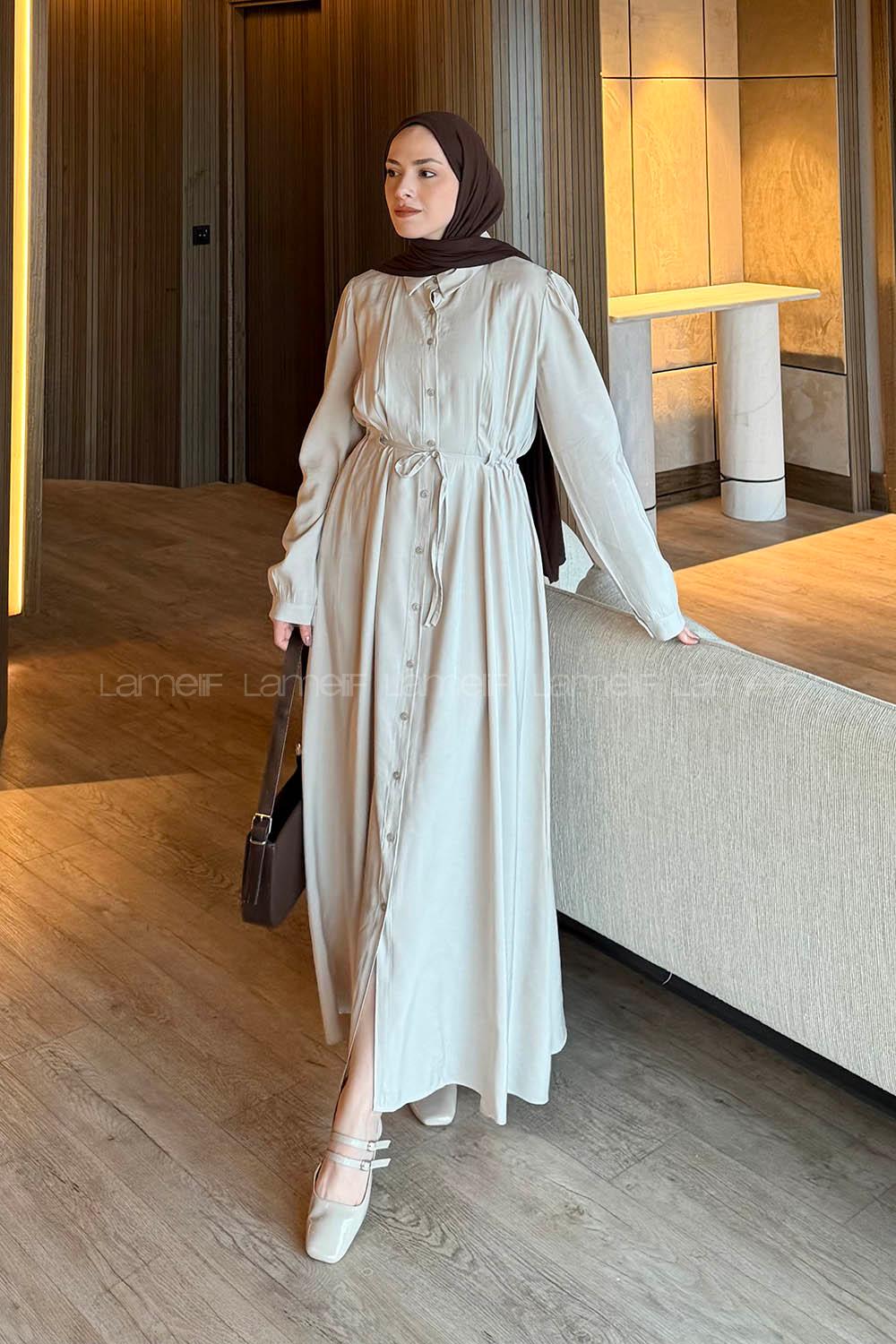 Lamelif Pile Detaylı Elbise Taş Rengi