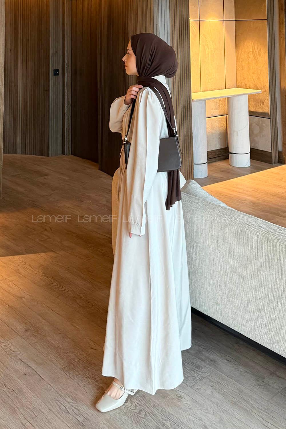 Lamelif Pile Detaylı Elbise Taş Rengi