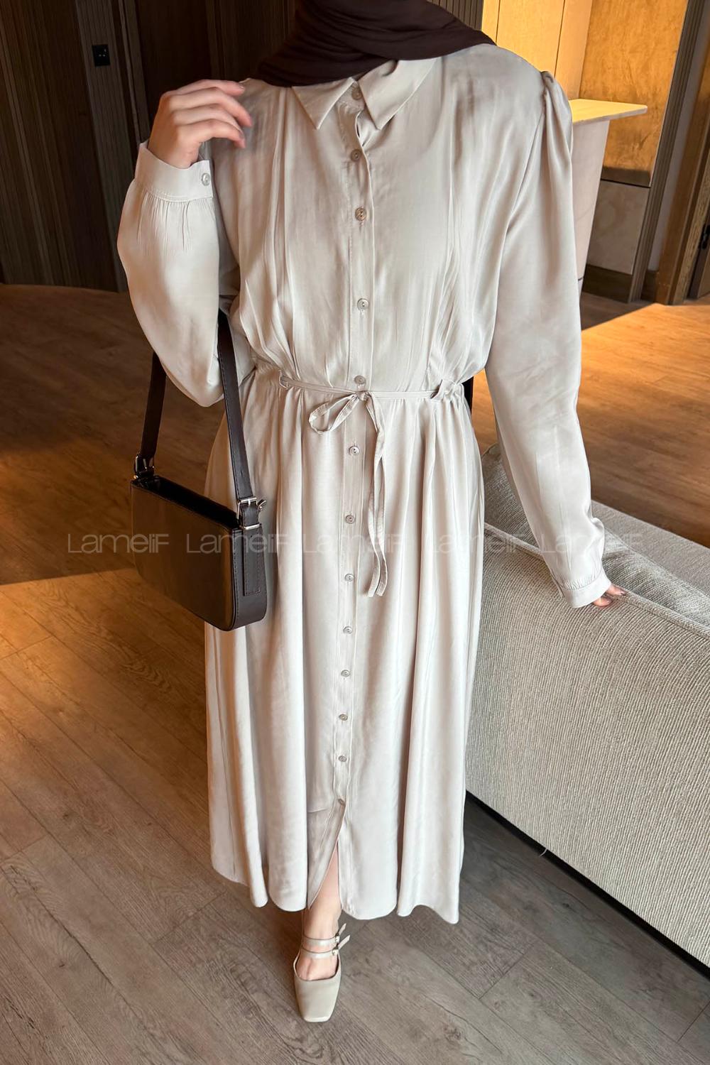 Lamelif Pile Detaylı Elbise Taş Rengi